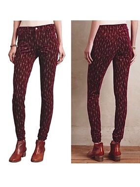 Anthropologie Pilcro Women’s  Serif Skinny Corduroy Pants Printed Maroon Size 28